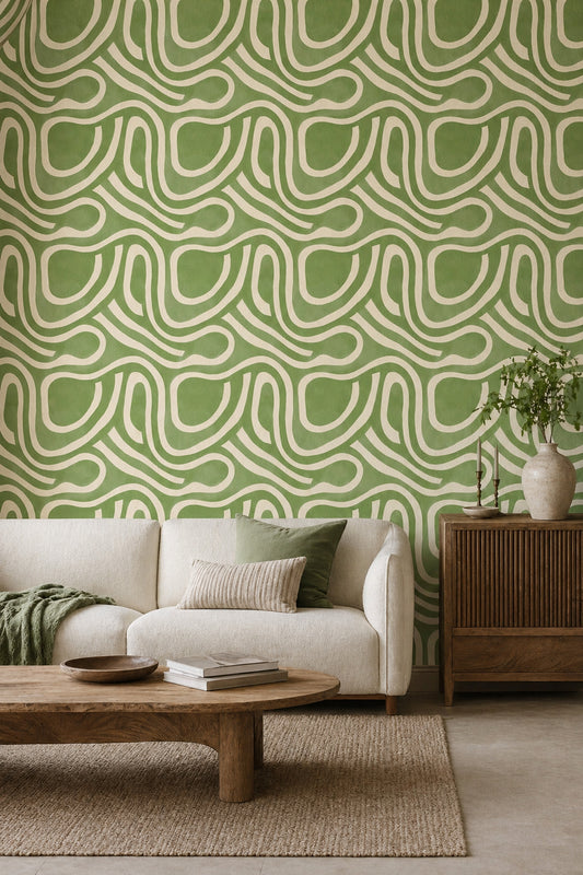 Yeşil Kıvrımlı Geometrik Duvar Kağıdı Modern Salon Deseni
