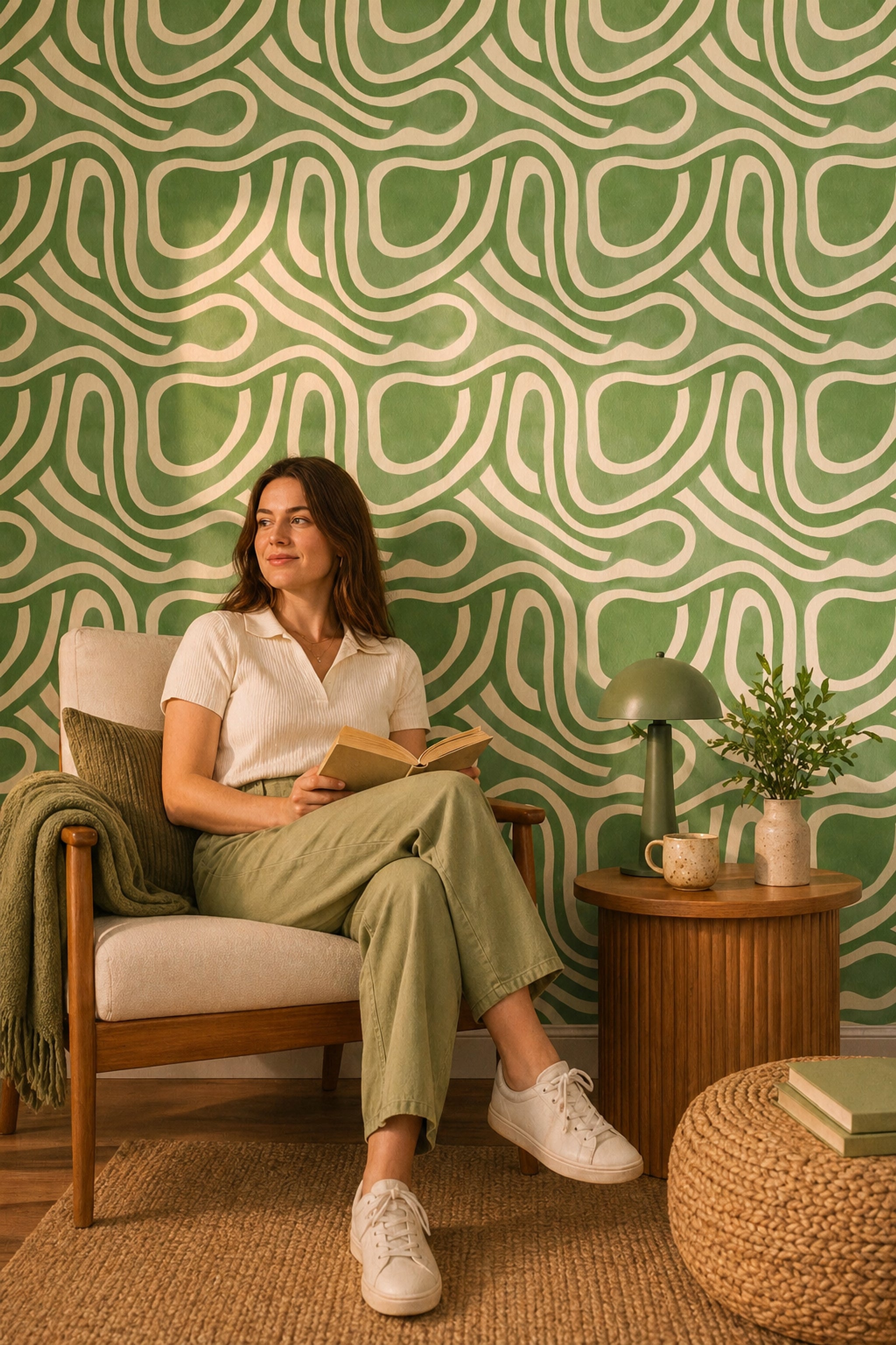 Yeşil Kıvrımlı Geometrik Duvar Kağıdı Modern Salon Deseni