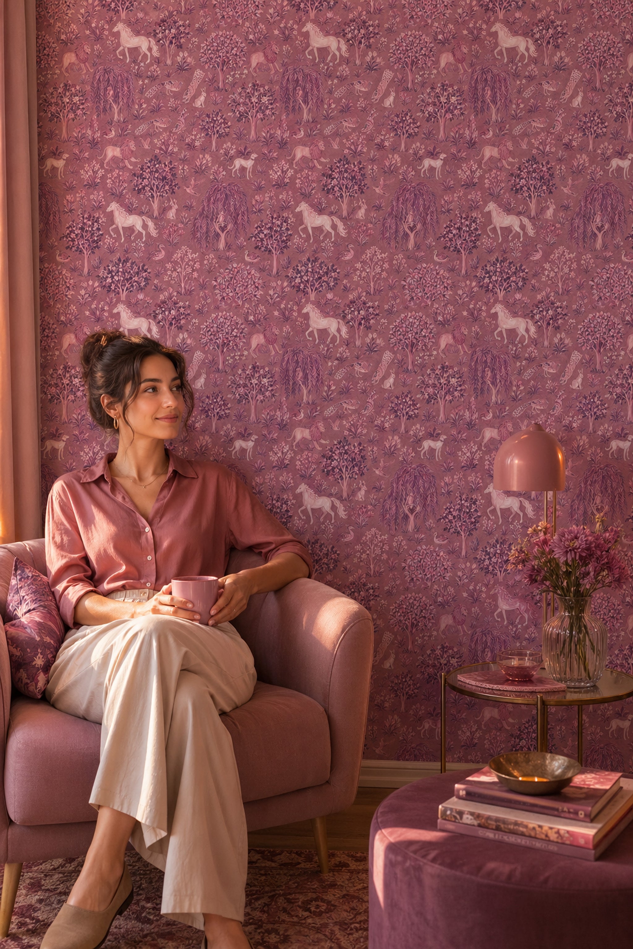 Orman ve Unicorn Desenli Duvar Kağıdı Gül Kurusu Salon