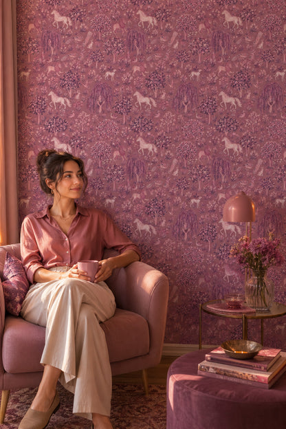Orman ve Unicorn Desenli Duvar Kağıdı Gül Kurusu Salon