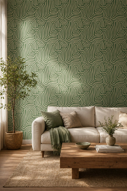 Yeşil Soyut Çizgili Duvar Kağıdı Modern Salon Deseni