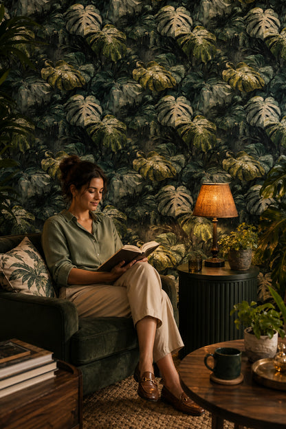Tropikal Monstera Yapraklı Duvar Kağıdı Koyu Yeşil Salon