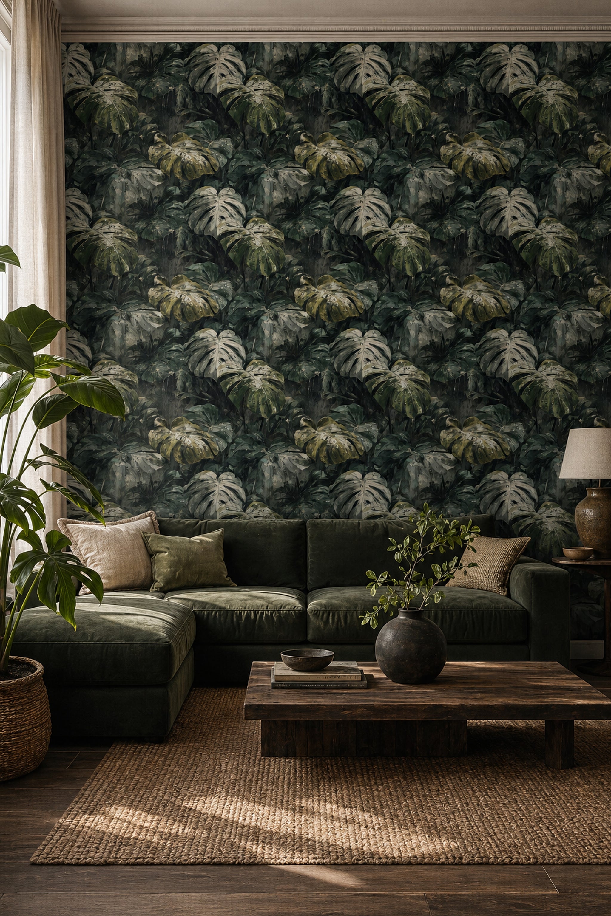 Tropikal Monstera Yapraklı Duvar Kağıdı Koyu Yeşil Salon