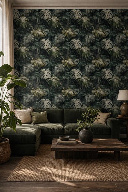 Tropikal Monstera Yapraklı Duvar Kağıdı Koyu Yeşil Salon