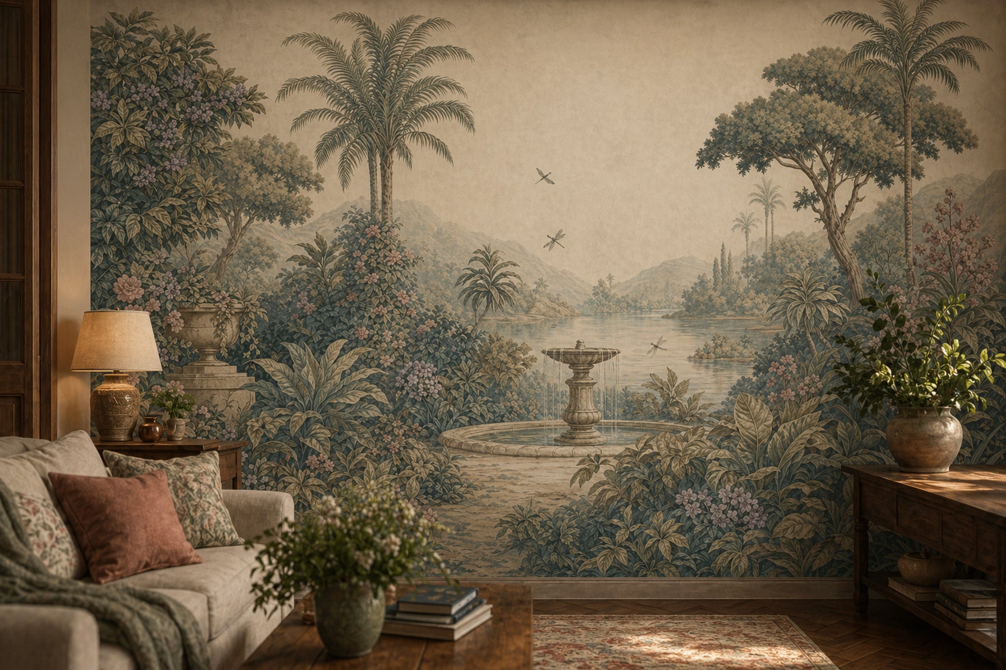 Tropikal Bahçe Manzaralı Poster Duvar Kağıdı Yeşil Bej Salon
