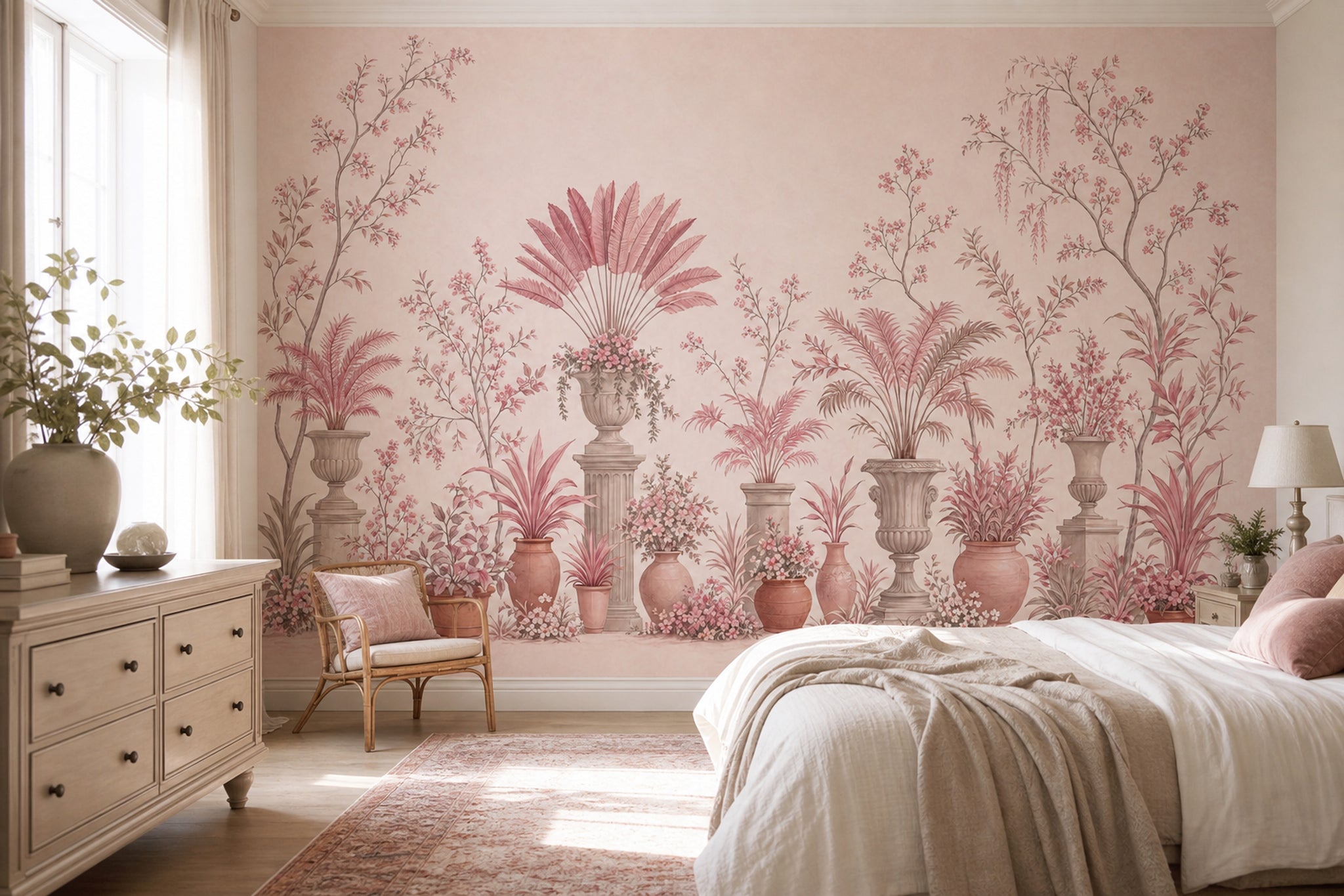 Pudra Pembe Saksılı Botanik Poster Duvar Kağıdı Salon