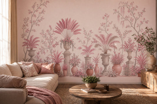 Pudra Pembe Saksılı Botanik Poster Duvar Kağıdı Salon