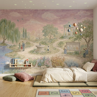 Pastel Bahçe Manzarası Poster Duvar Kağıdı Nostaljik Pembe Gökyüzü
