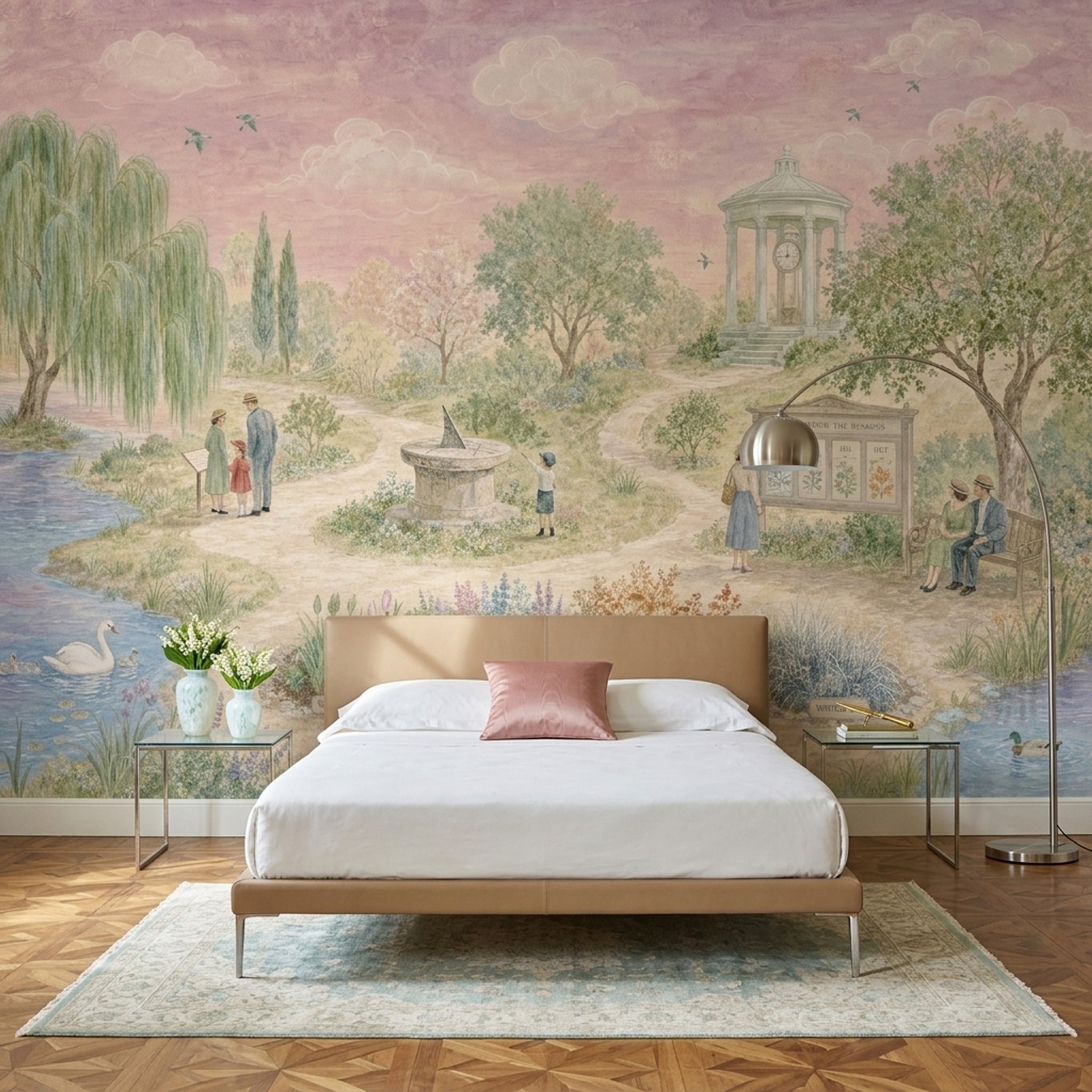 Pastel Bahçe Manzarası Poster Duvar Kağıdı Nostaljik Pembe Gökyüzü