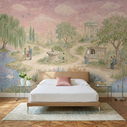Pastel Bahçe Manzarası Poster Duvar Kağıdı Nostaljik Pembe Gökyüzü