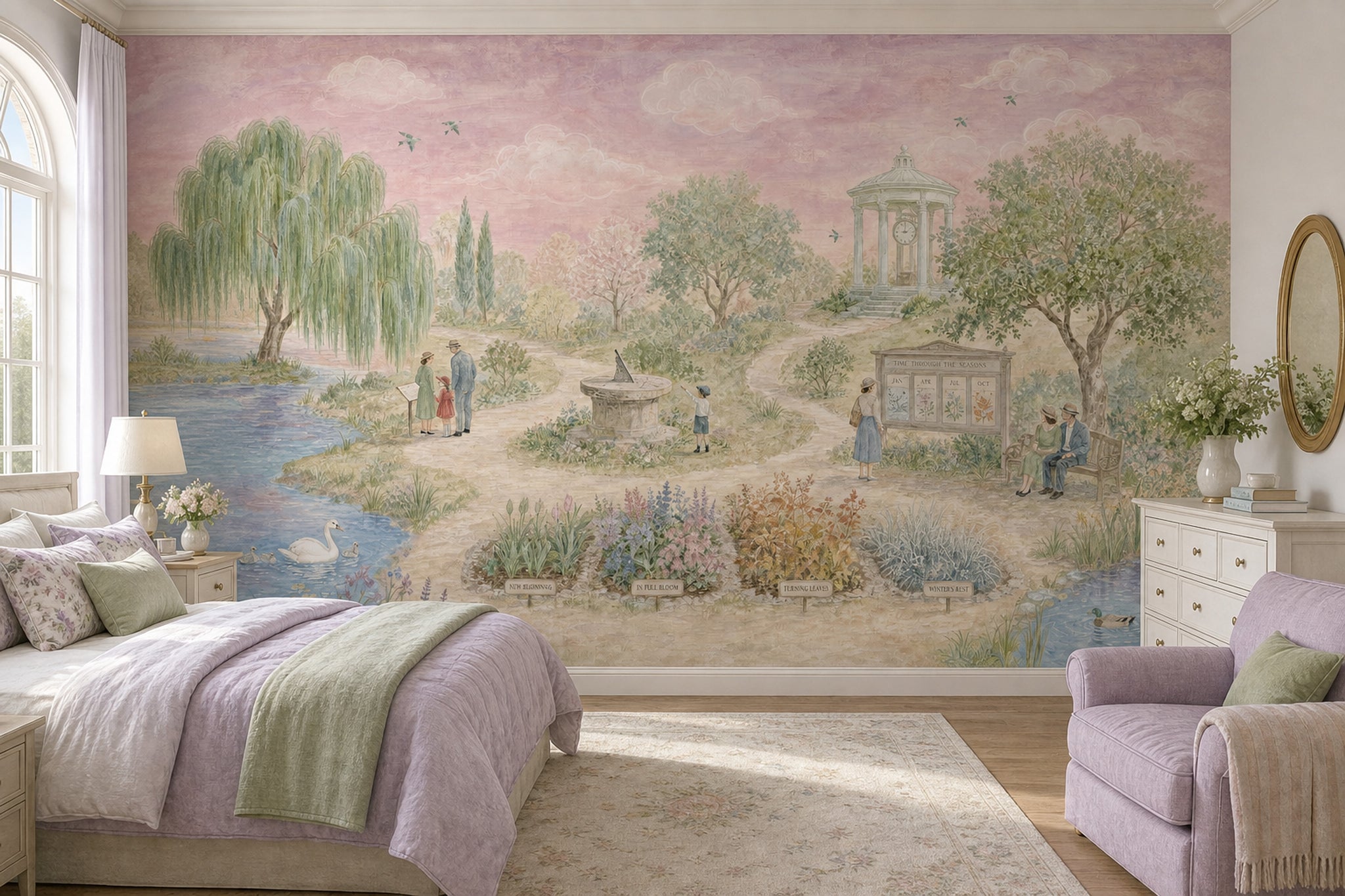 Pastel Bahçe Manzarası Poster Duvar Kağıdı Nostaljik Pembe Gökyüzü