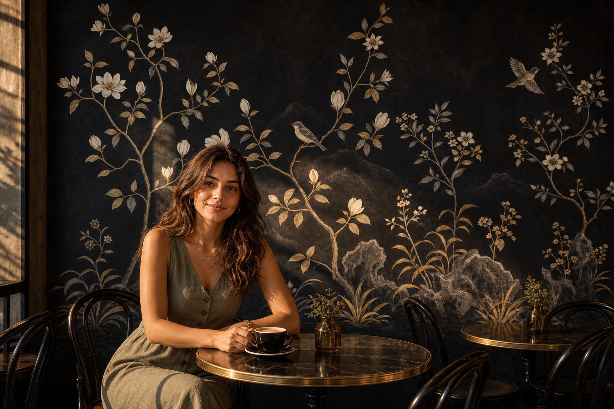 Kuşlu Çiçekli Dal Desenli Poster Duvar Kağıdı Siyah Salon