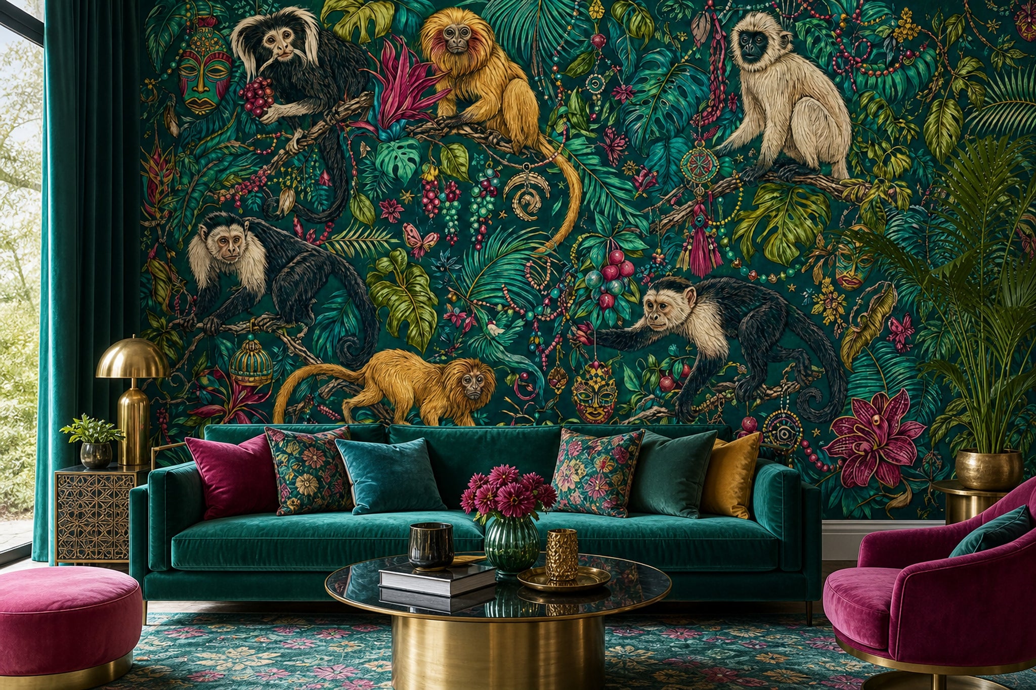Tropikal Maymunlu Poster Duvar Kağıdı Yeşil Orman Desenli Salon