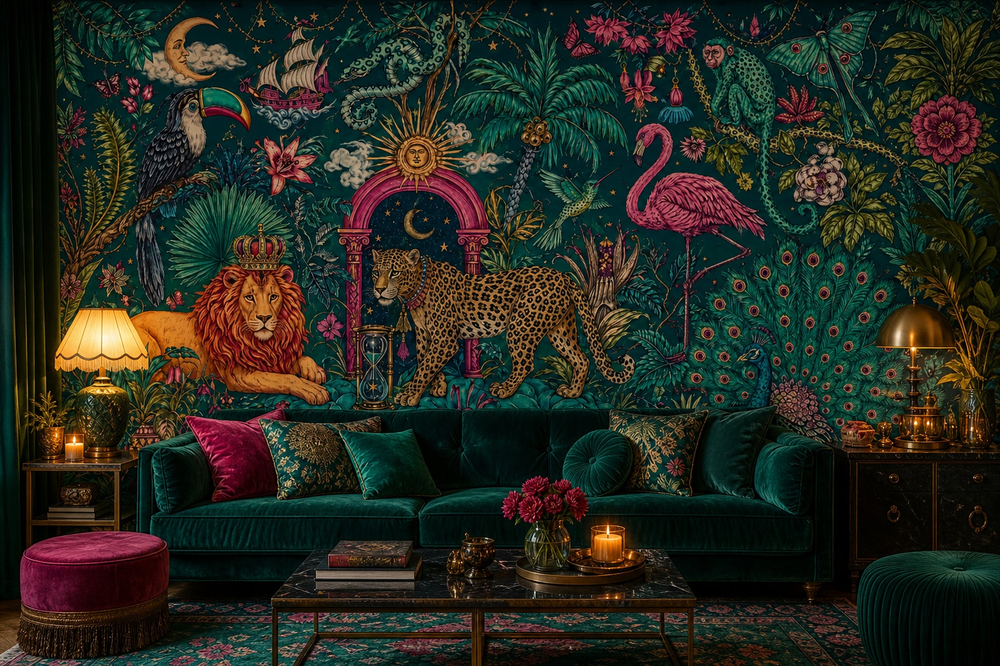 Egzotik Hayvanlı Poster Duvar Kağıdı Koyu Yeşil Salon Dekoru