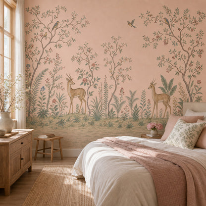 Geyik ve Kuşlu Orman Poster Duvar Kağıdı Pudra Pembe