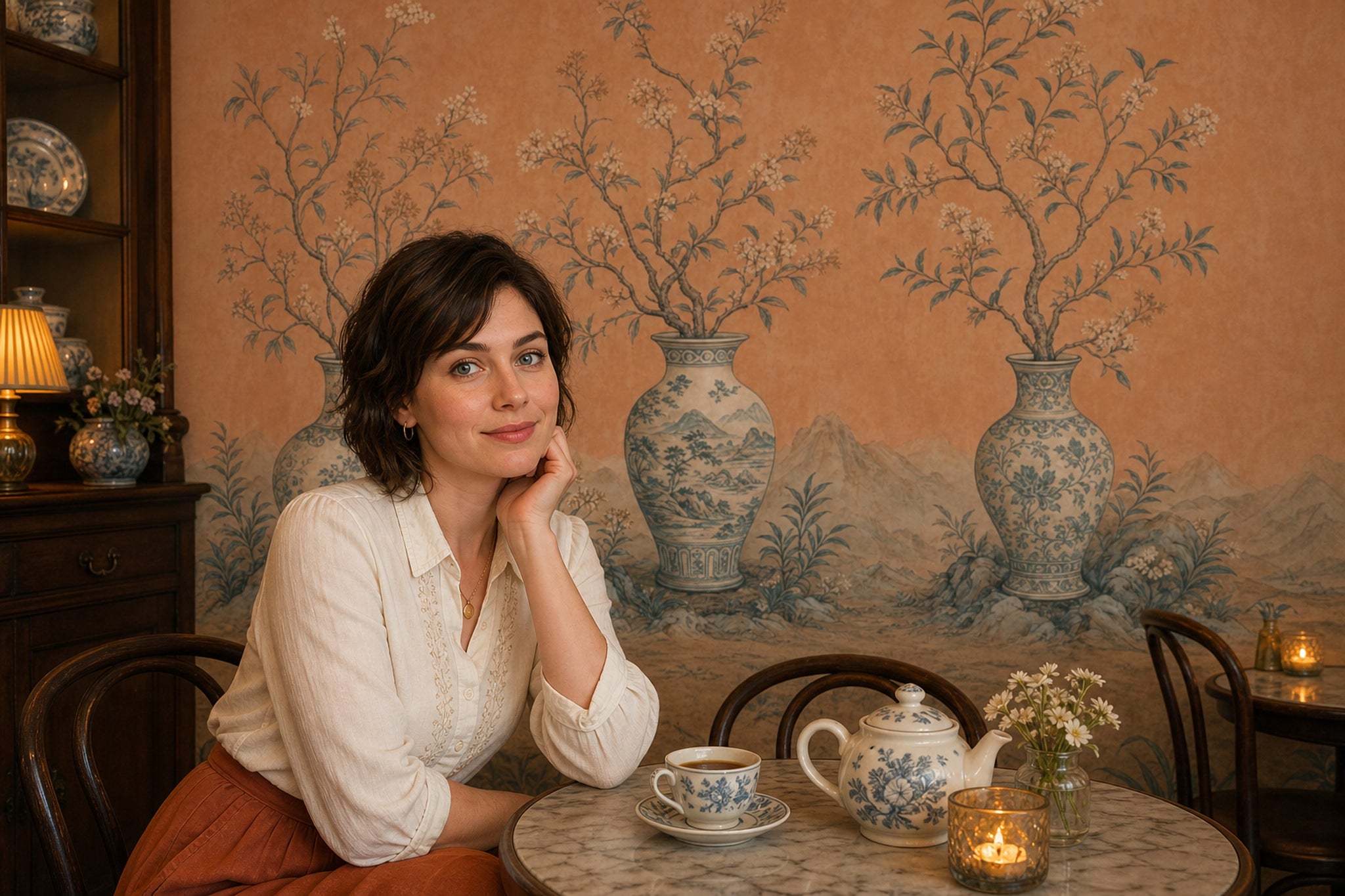 Çin Vazo Desenli Poster Duvar Kağıdı Turuncu Salon