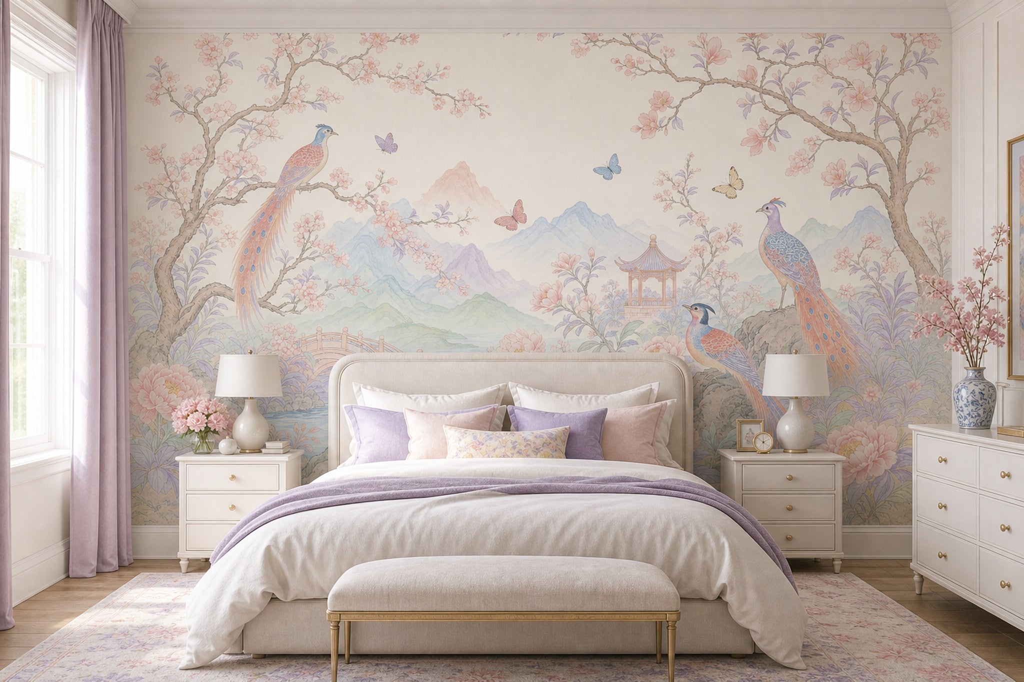 Çiçekli Kuş Motifli Poster Duvar Kağıdı Pastel Yatak Odası