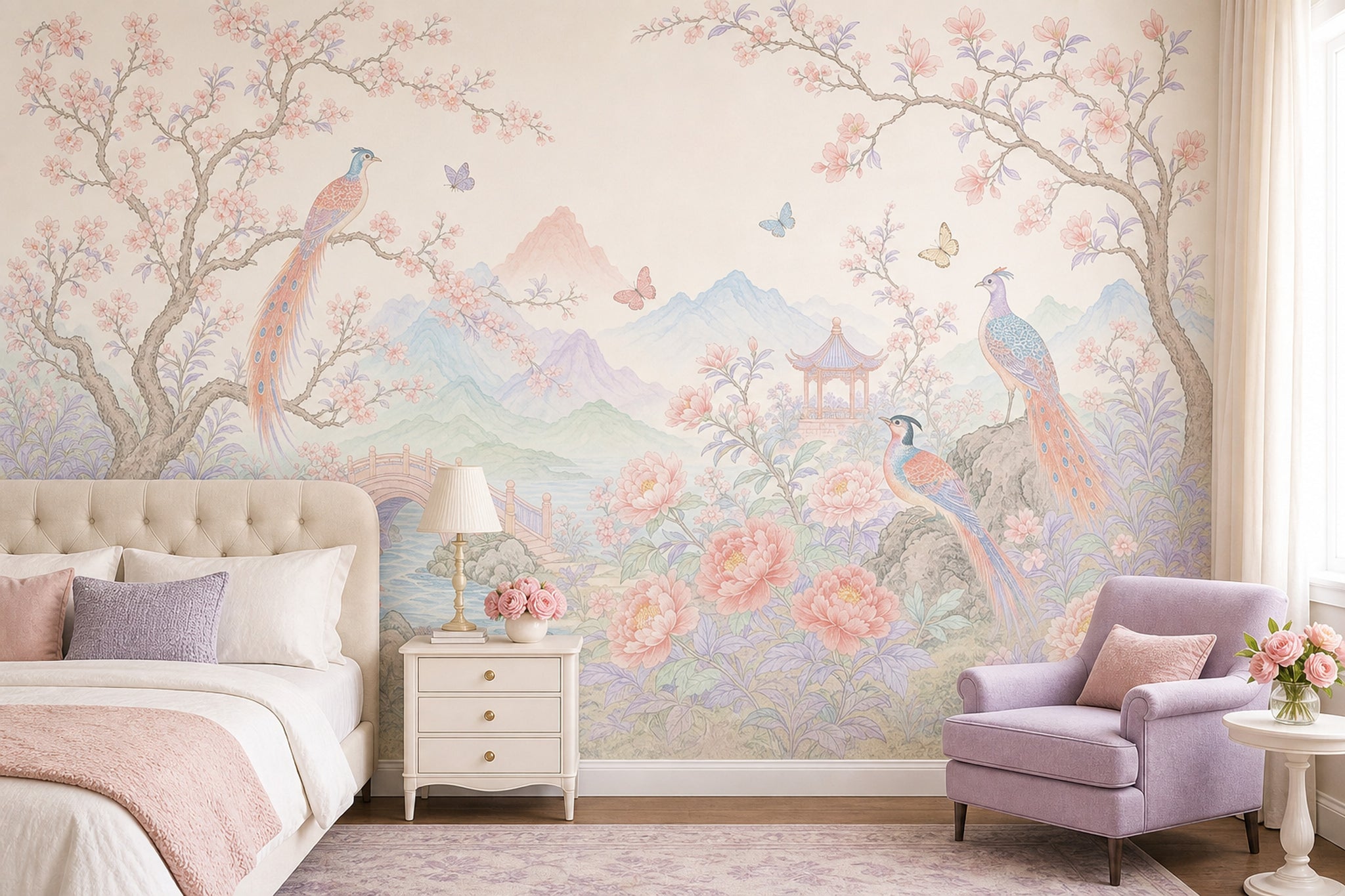 Çiçekli Kuş Motifli Poster Duvar Kağıdı Pastel Yatak Odası