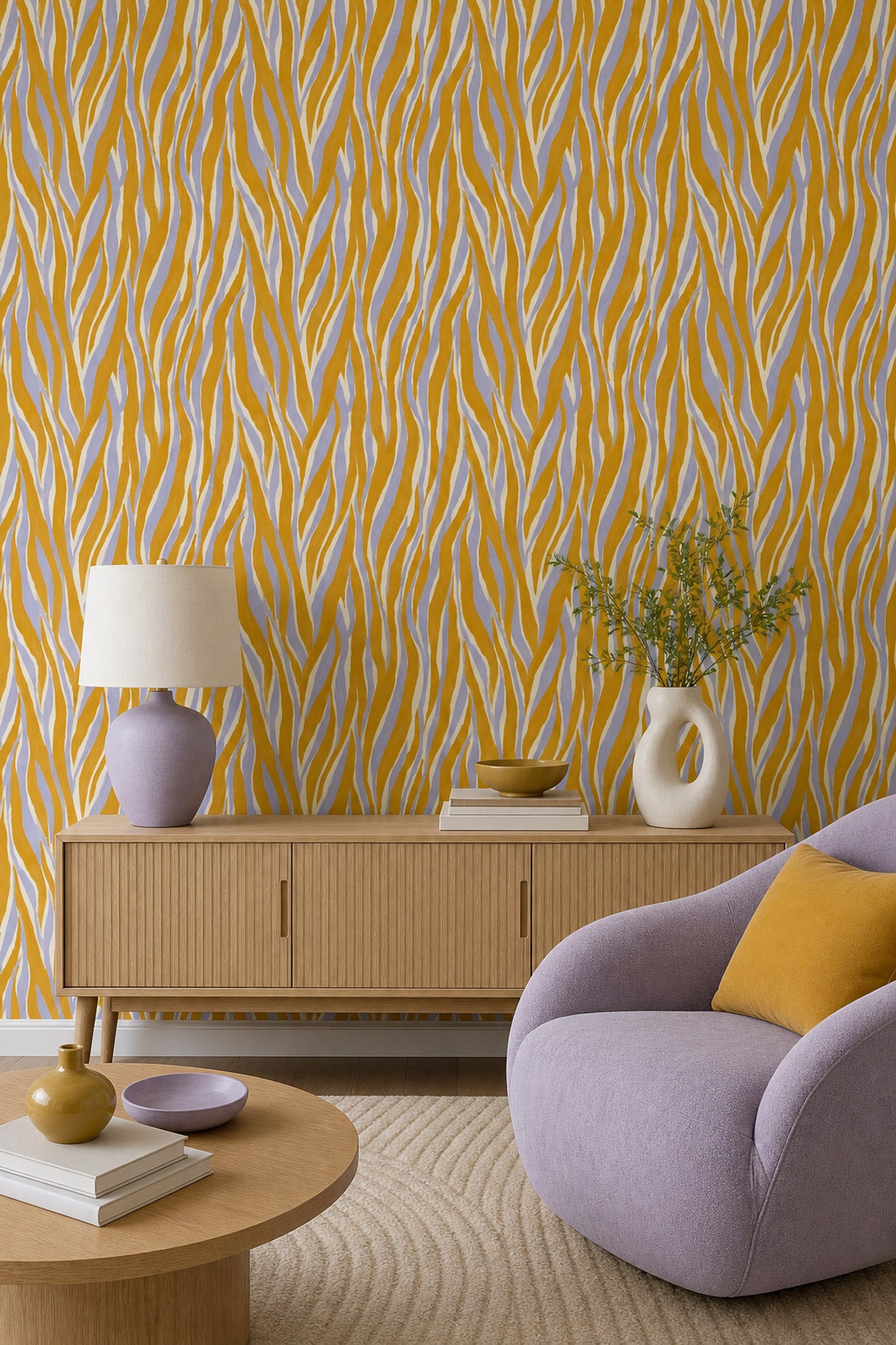 Zebra Desenli Duvar Kağıdı Hardal Sarı Modern Salon