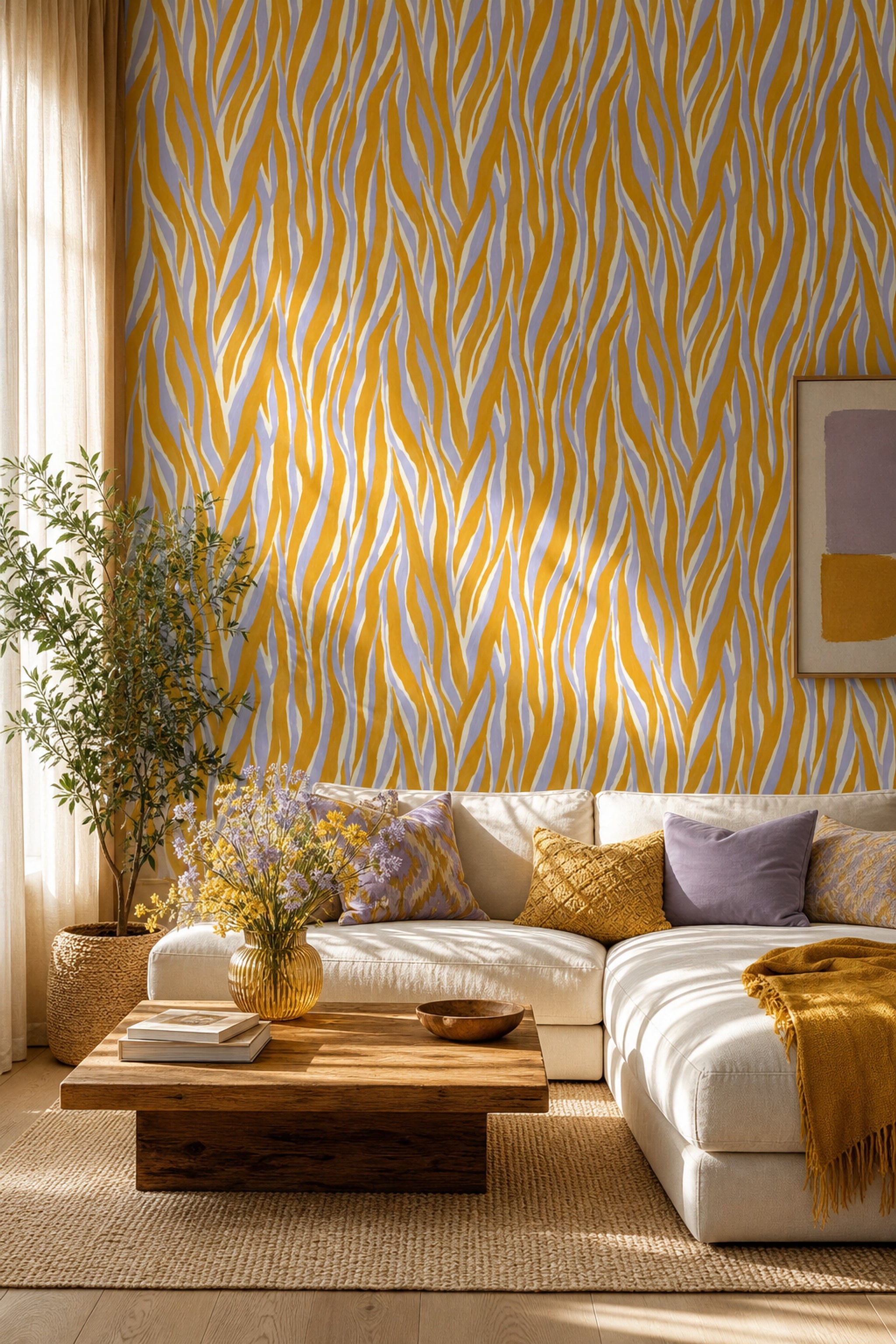 Zebra Desenli Duvar Kağıdı Hardal Sarı Modern Salon