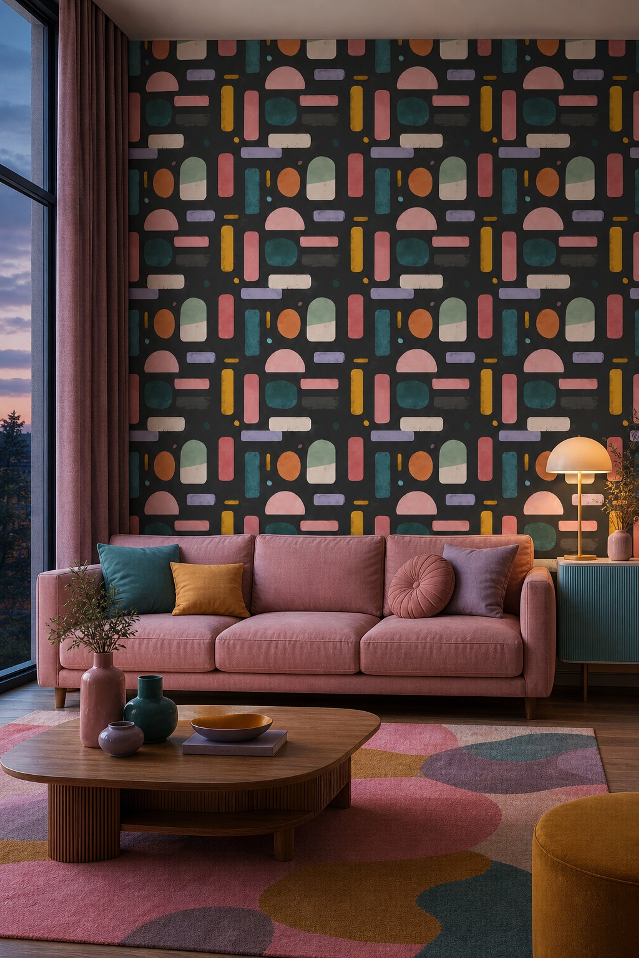 Renkli Geometrik Duvar Kağıdı Siyah Zemin Modern Salon