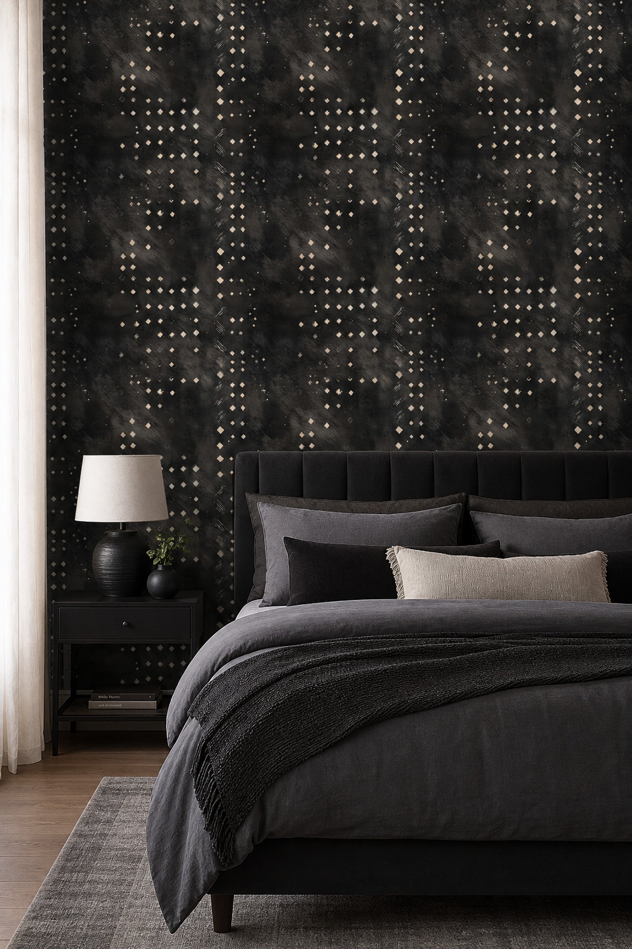 Geometrik Desenli Duvar Kağıdı Siyah Gri Salon Duvar Dekoru