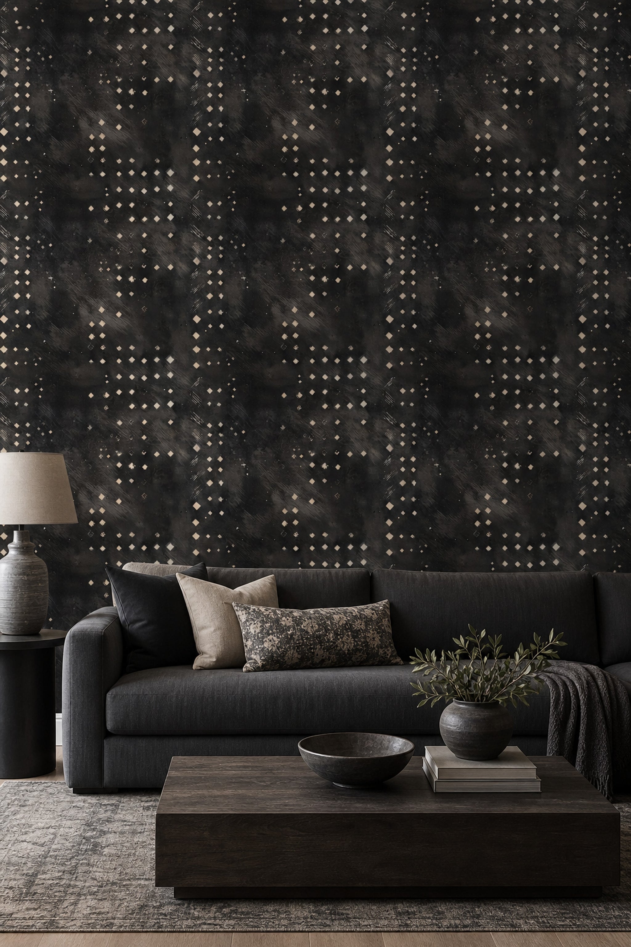Geometrik Desenli Duvar Kağıdı Siyah Gri Salon Duvar Dekoru