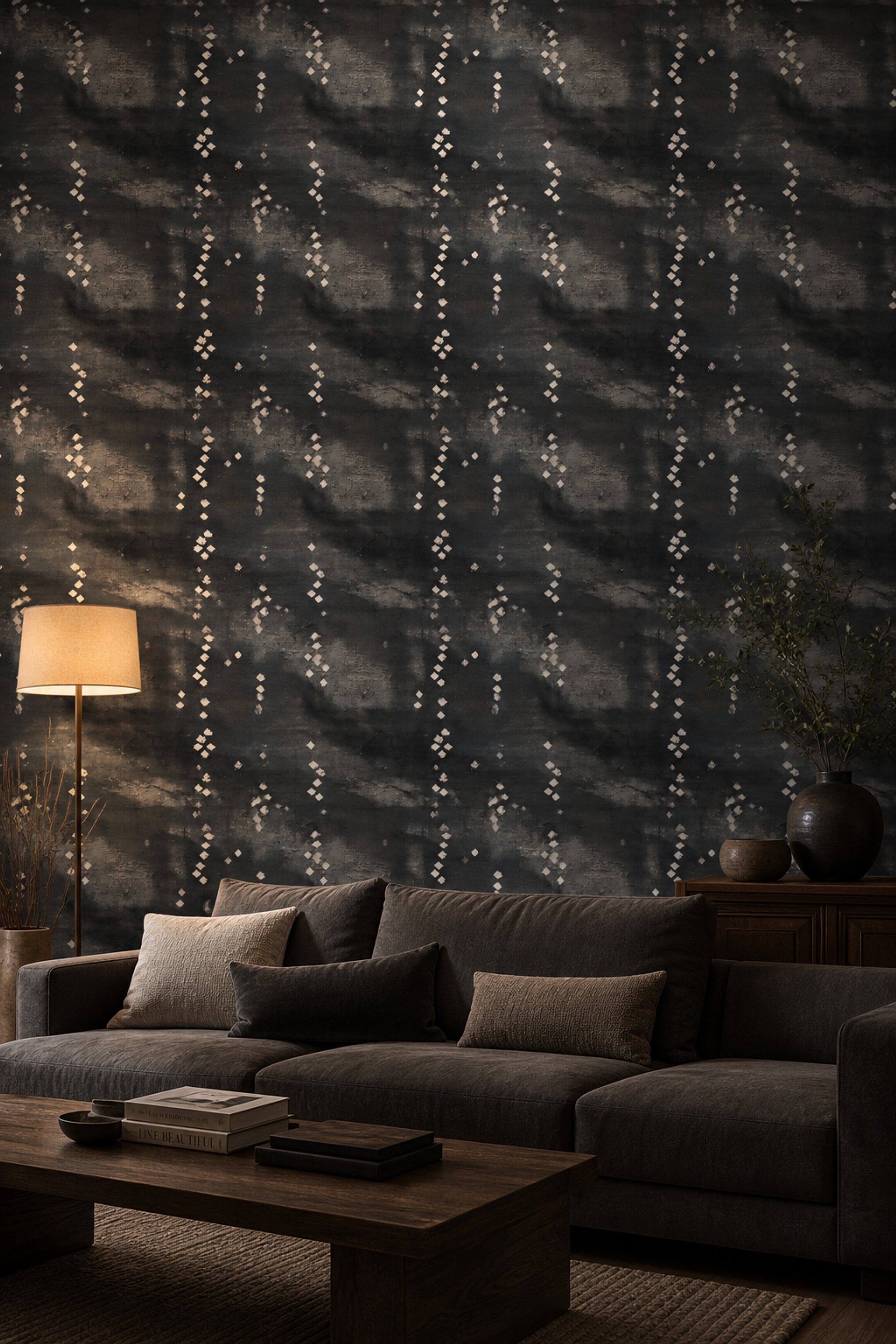 Soyut Noktalı Duvar Kağıdı Antrasit Gri Modern Salon
