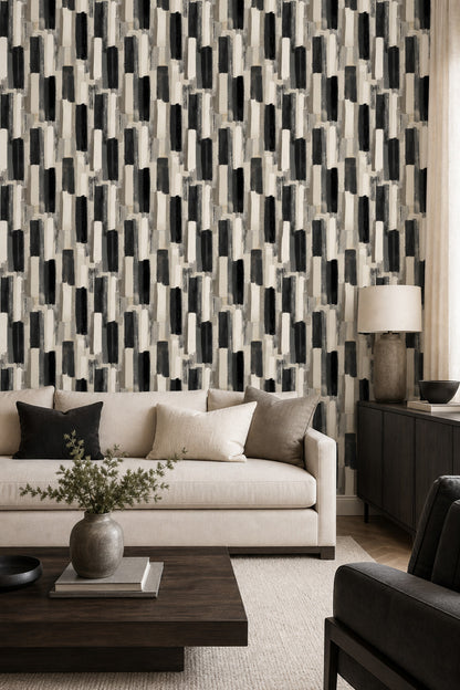 Soyut Fırça Darbeli Duvar Kağıdı Siyah Bej Salon