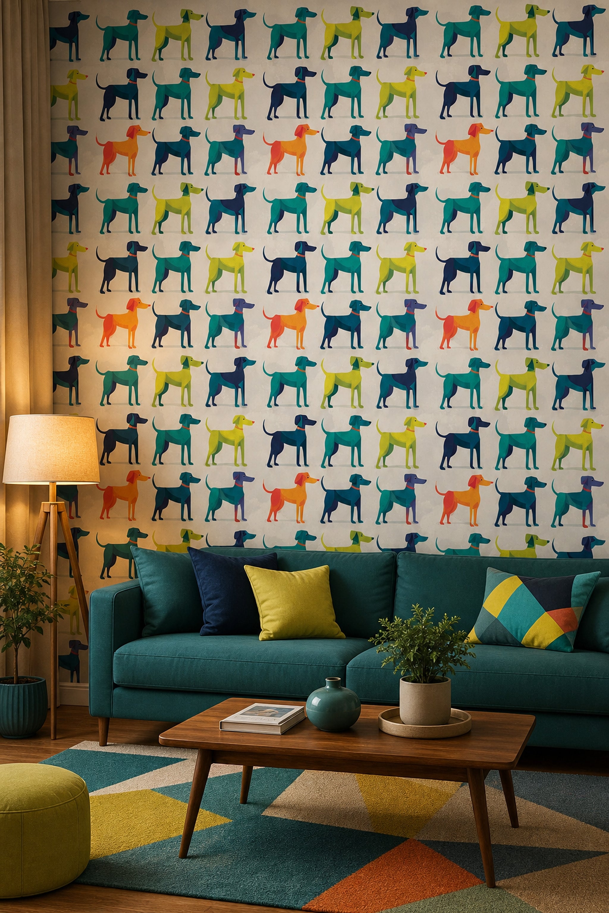 Renkli Köpek Desenli Duvar Kağıdı Modern Salon Dekoru