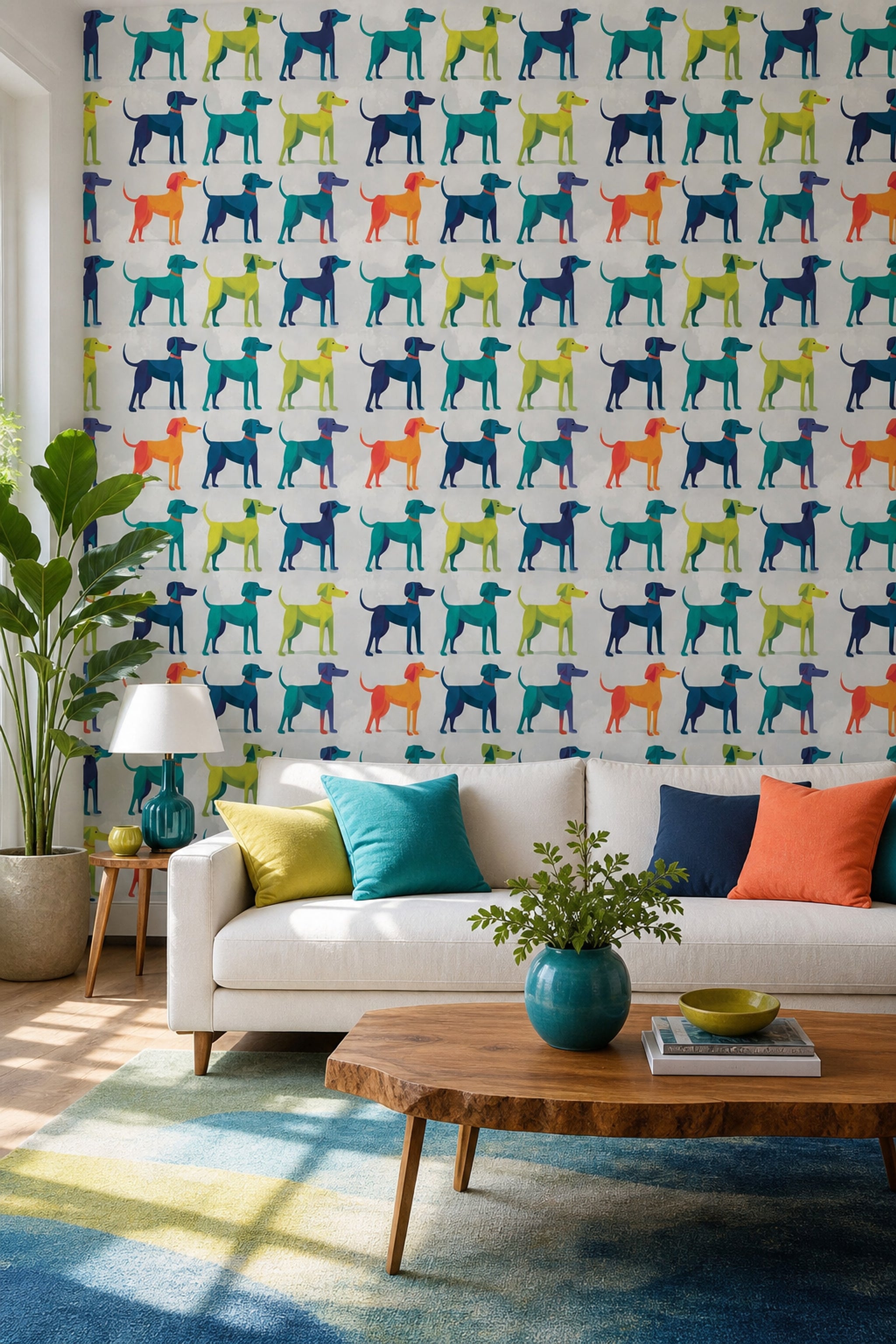 Renkli Köpek Desenli Duvar Kağıdı Modern Salon Dekoru