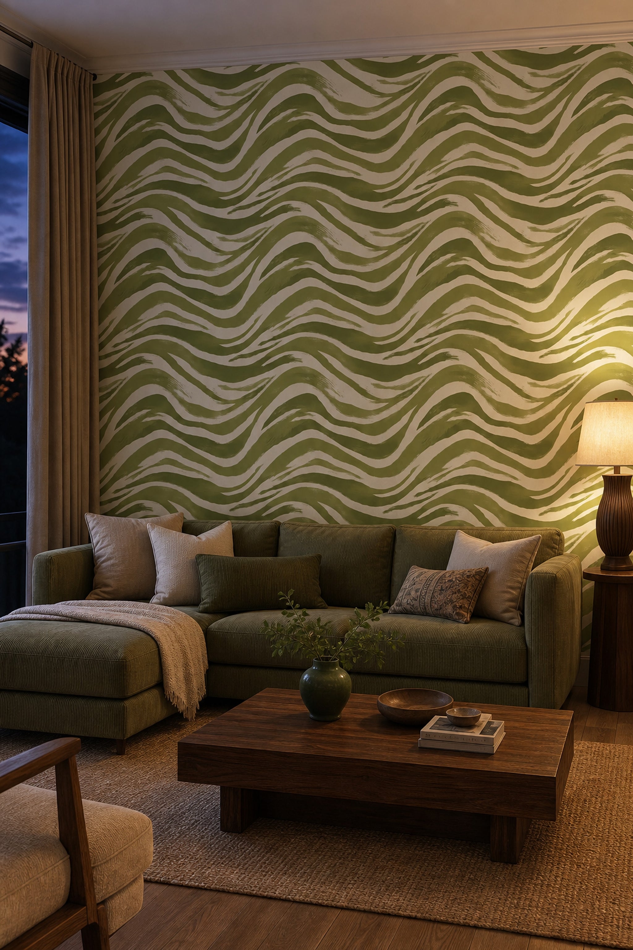 Yeşil Dalgalı Çizgili Duvar Kağıdı Modern Salon Deseni