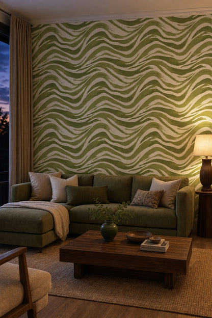 Yeşil Dalgalı Çizgili Duvar Kağıdı Modern Salon Deseni