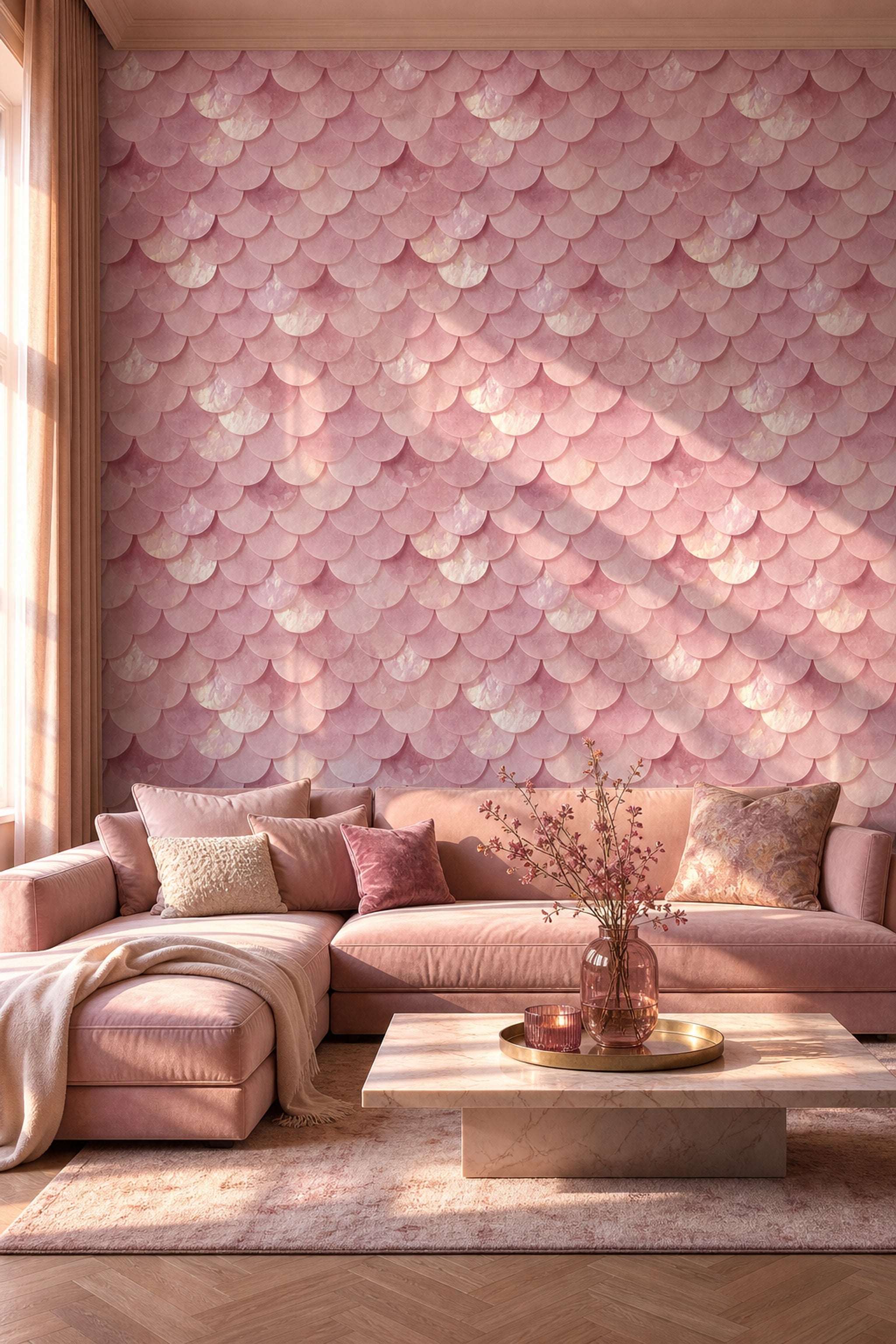 Pudra Pembe Balık Pulu Desenli Duvar Kağıdı Salon
