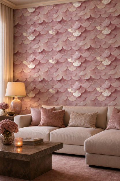 Pudra Pembe Balık Pulu Desenli Duvar Kağıdı Salon