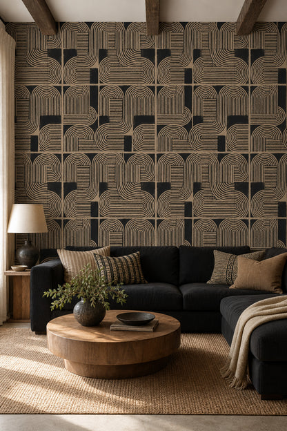 Geometrik Retro Desenli Duvar Kağıdı Siyah Bej Salon