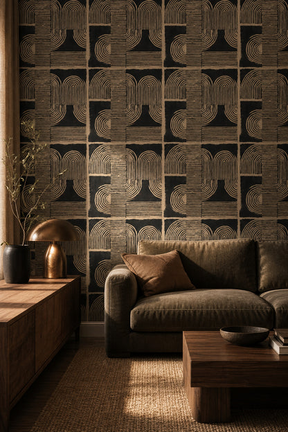 Geometrik Retro Desenli Duvar Kağıdı Siyah Bej Salon