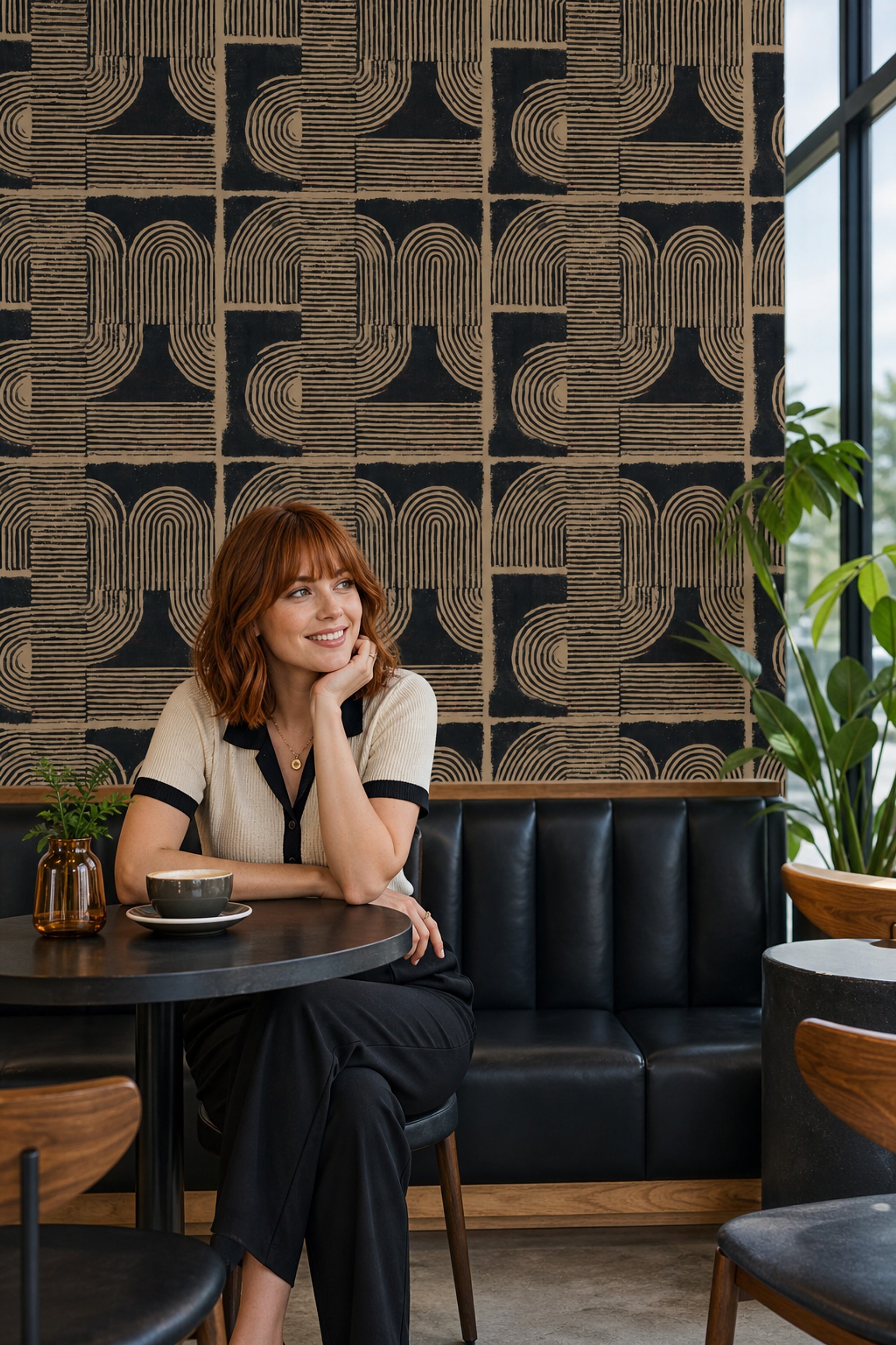 Geometrik Retro Desenli Duvar Kağıdı Siyah Bej Salon
