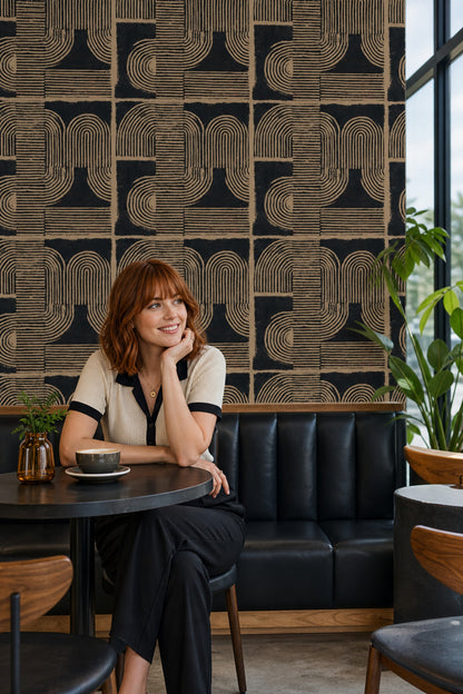 Geometrik Retro Desenli Duvar Kağıdı Siyah Bej Salon