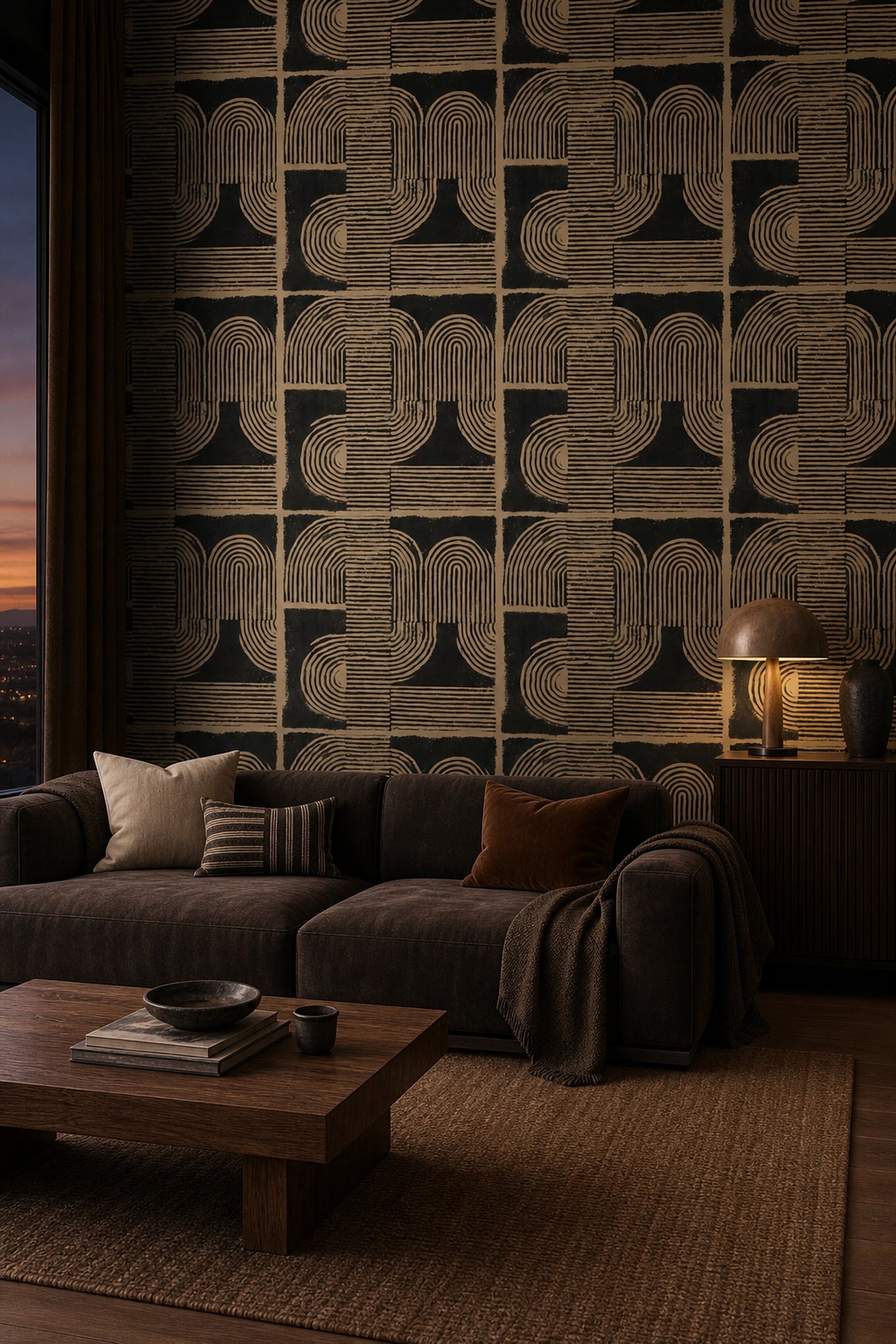 Geometrik Retro Desenli Duvar Kağıdı Siyah Bej Salon
