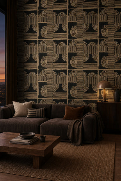 Geometrik Retro Desenli Duvar Kağıdı Siyah Bej Salon