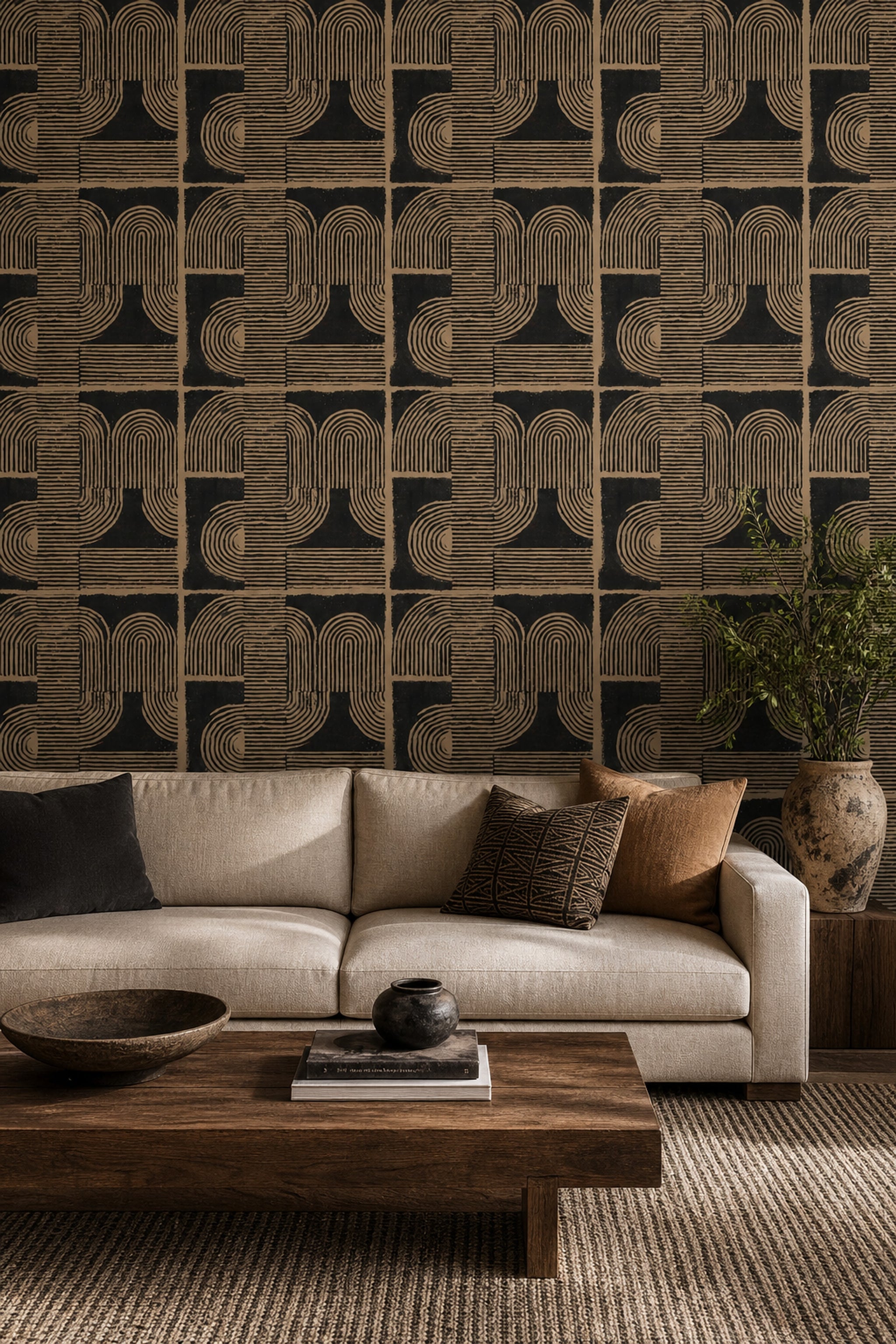 Geometrik Retro Desenli Duvar Kağıdı Siyah Bej Salon