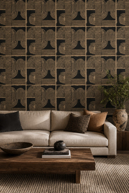 Geometrik Retro Desenli Duvar Kağıdı Siyah Bej Salon