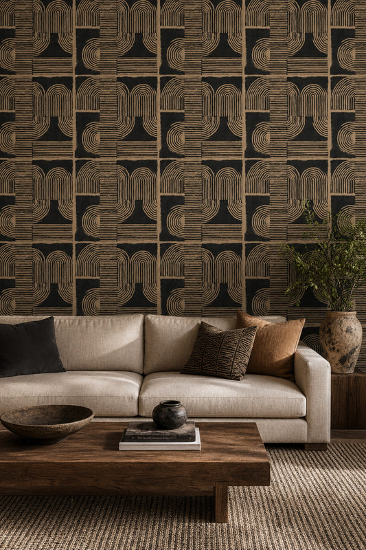 Geometrik Retro Desenli Duvar Kağıdı Siyah Bej Salon