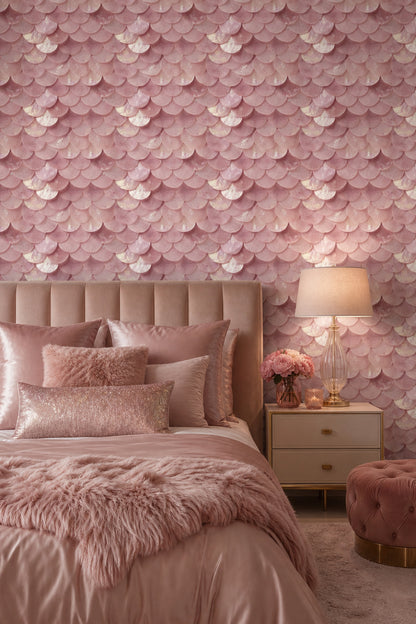 Pudra Pembe Balık Pulu Desenli Duvar Kağıdı Salon