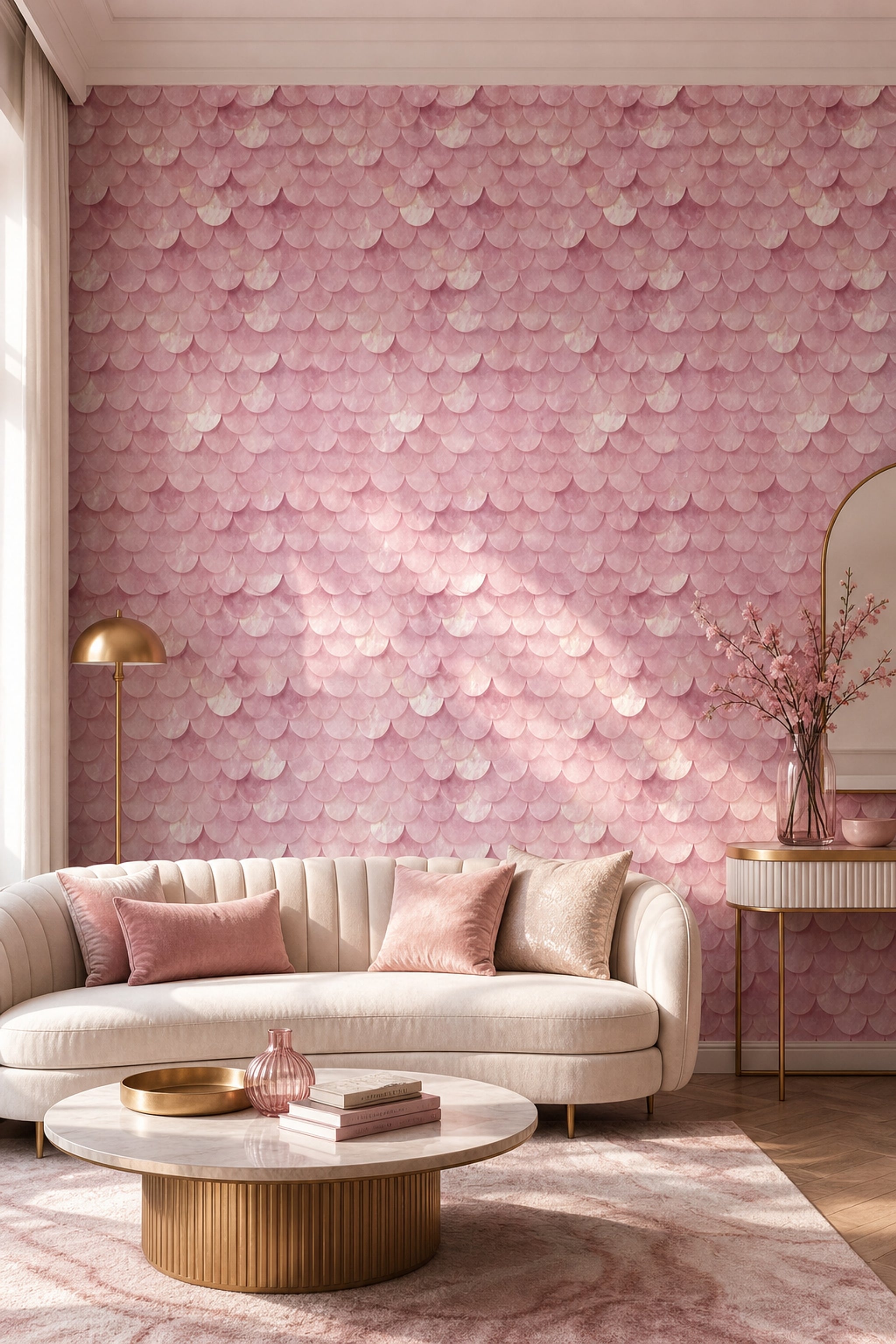 Pudra Pembe Balık Pulu Desenli Duvar Kağıdı Salon