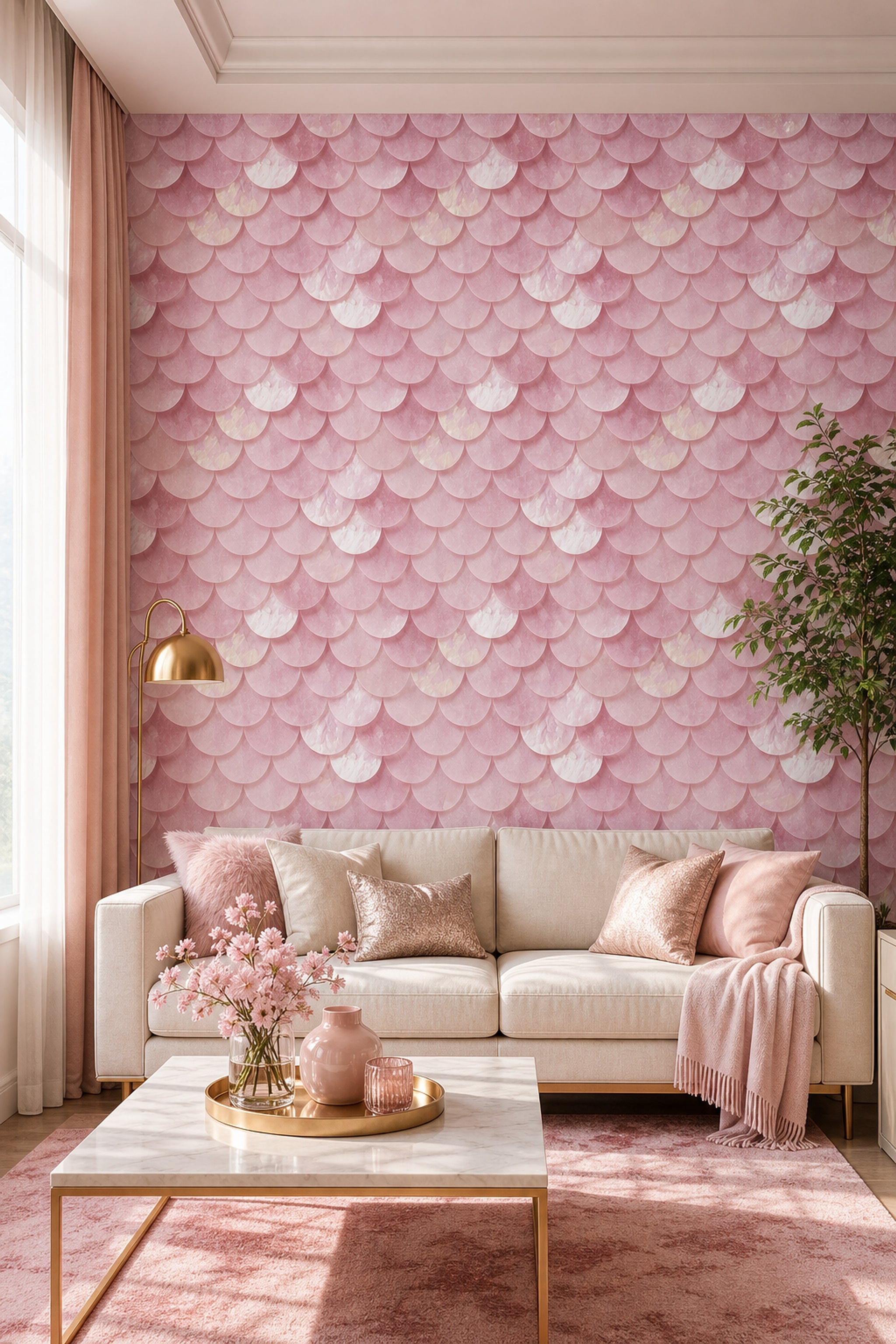 Pudra Pembe Balık Pulu Desenli Duvar Kağıdı Salon
