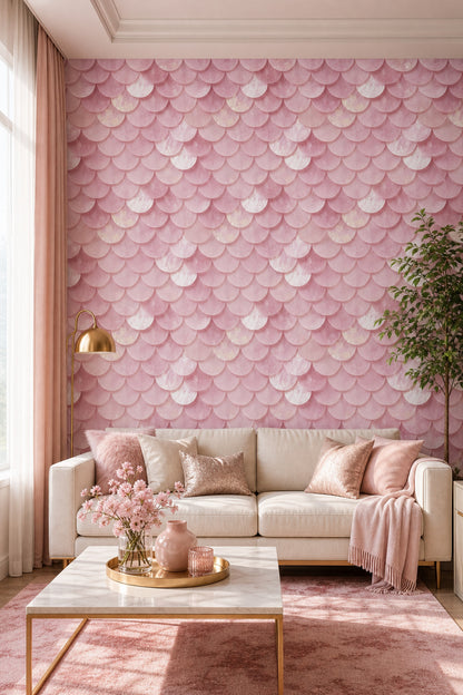 Pudra Pembe Balık Pulu Desenli Duvar Kağıdı Salon