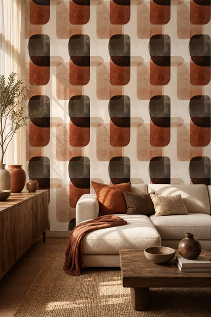 Geometrik Retro Duvar Kağıdı Kahverengi Bej Desenli Salon