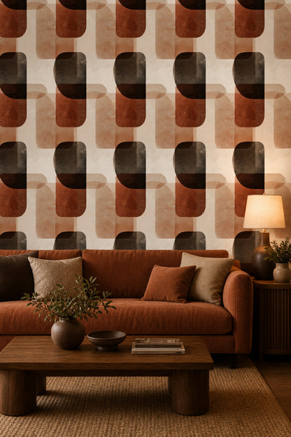 Geometrik Retro Duvar Kağıdı Kahverengi Bej Desenli Salon